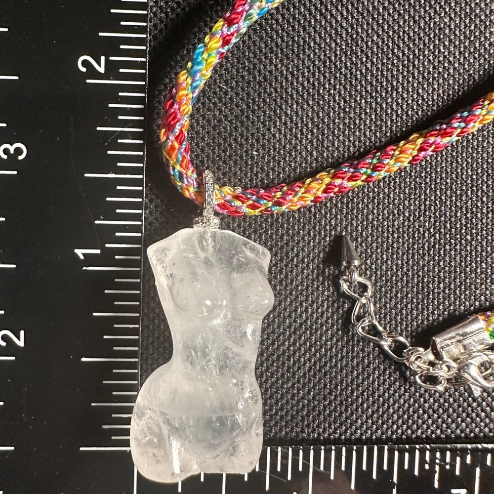 Clear Quartz Lady Body Carving Pendant Necklace on Multicolor Rope, Silver Bail - Picture 13 of 14